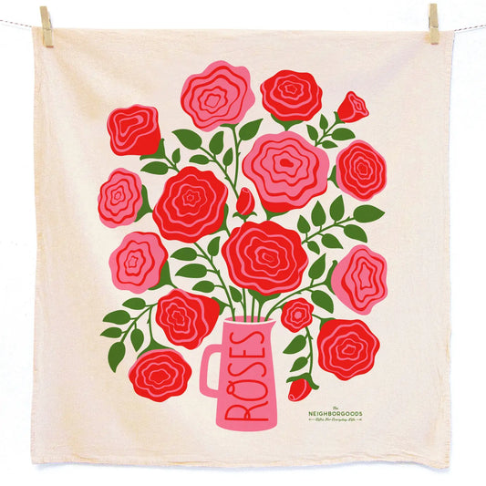 Our Roses tea towel is sure to freshen up your kitchen and brighten your everyday.  All of The Neighborgoods dish towels add a bright pop of color to your kitchen. Made from 100% flour sack cotton, our Roses dish towel and will only get softer and more absorbent over the years in your kitchen. This generously sized dish towel can handle small and big tasks in the kitchen as well as household chores.