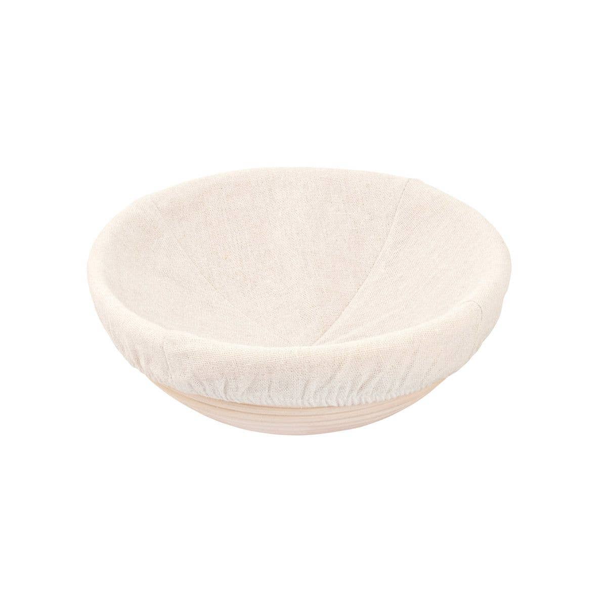 Round woven basket with a white fabric cover on a white background