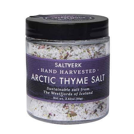 Jar of Saltverk Arctic Thyme Salt with purple label on a white background