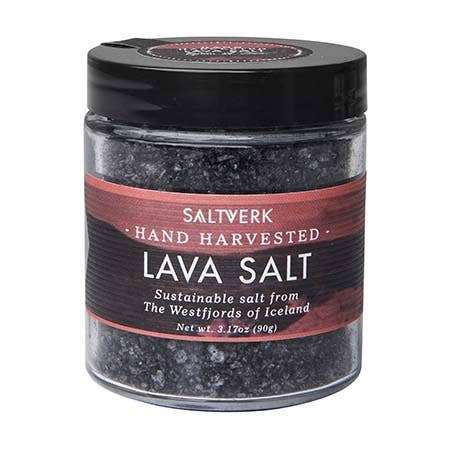 Jar of Saltwerk lava salt on a white background