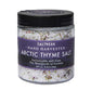 A clear plastic jar of Saltverk Hand Harvested Arctic Thyme Salt with a black lid and a dark purple label, shown on a plain white background.