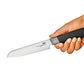 Hand holding a serrated knife on a white background. 