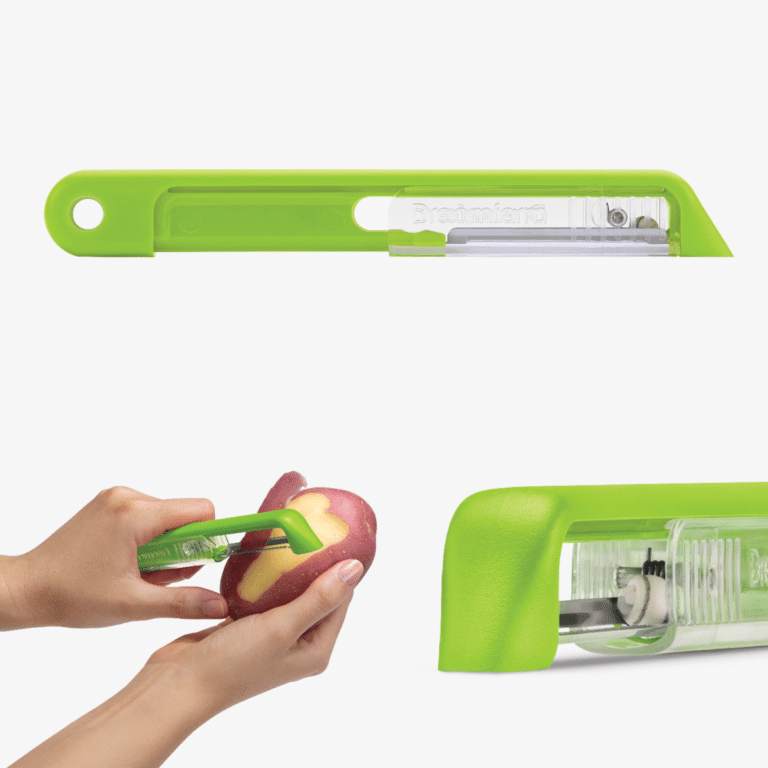 A green Sharple vegetable peeler with a built-in ceramic ball sharpener, shown both closed and open peeling an apple.