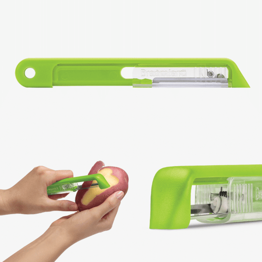 A green Sharple vegetable peeler with a built-in ceramic ball sharpener, shown both closed and open peeling an apple.