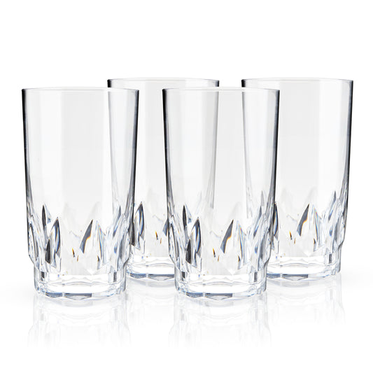 Designed for carefree sipping, these faceted highball glasses are crafted from high-quality clear acrylic. With cut-crystal details and a smooth rim, these shatterproof tumblers are worthy of your finest spirits.