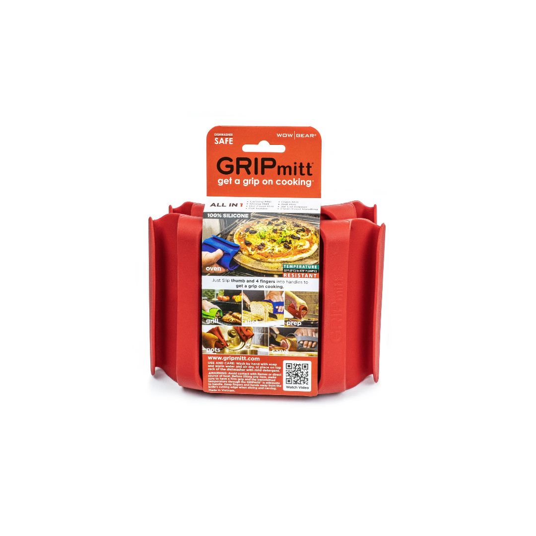 ALL in 1 - Carving Mitt, Slicing Mitt, Oven Mitt, Grill Mitt, Hot Food Mitt, Pot Holder, Jar Lid Gripper, Clean Food Handling, Hot Dish Trivet, Cooking Spoon Rest GRIPmitt® is made of 100% heat and cold resistant (to 478°F (248°C) Silicone that is dishwasher safe, and it eliminates the need to use cloth hand towels; kitchen mitts that retain dirt and bacteria. Get A Grip On Cooking® and keep your kitchen orderly and clean.