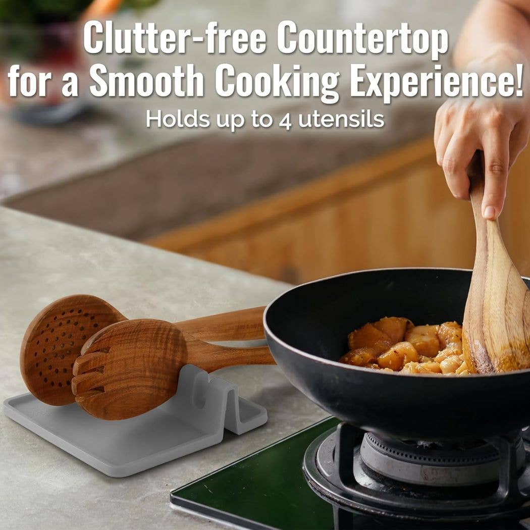 Keep your counters clean and your cooking stress-free with the Zulay Silicone Spoon Rest in sleek grey! No more sauce splatters or runaway utensils—this cleverly designed rest features raised edges to catch drips and four slots to keep your spoons, spatulas, tongs, and ladles neatly separated.