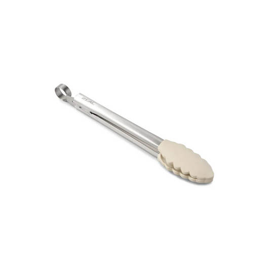 Grip, flip, and serve with ease using the Silicone Tongs in Coastal Cream! Featuring scalloped, non-scratch silicone tips, these premium kitchen tongs provide the perfect hold for everything from delicate greens to sizzling steaks. The brushed stainless steel handle offers durability, while the smart locking mechanism keeps them neatly stored when not in use.