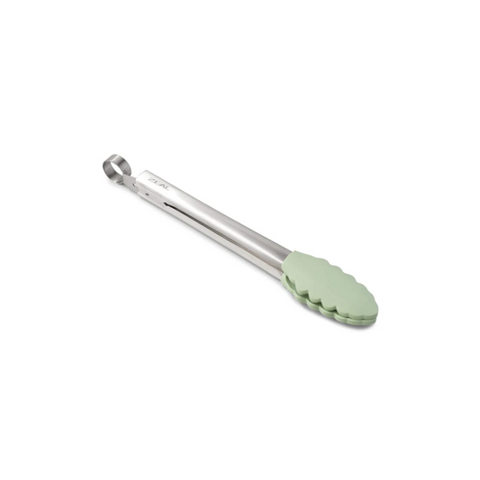 Grip, flip, and serve with ease using the Silicone Tongs in Coastal Green! Featuring scalloped, non-scratch silicone tips, these premium kitchen tongs provide the perfect hold for everything from delicate greens to sizzling steaks. The brushed stainless steel handle offers durability, while the smart locking mechanism keeps them neatly stored when not in use. 