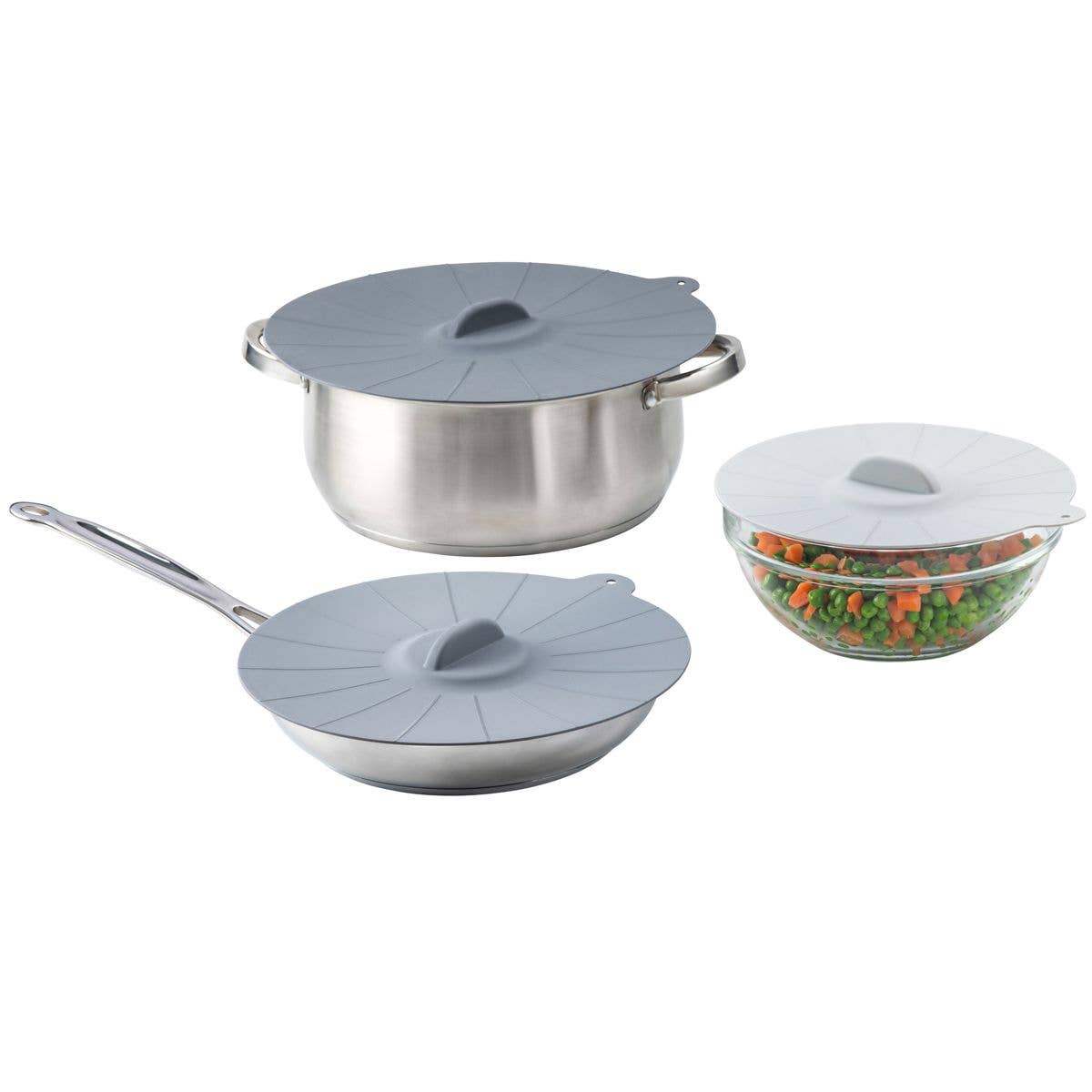 Set of cookware with silicone lids on a white background