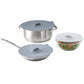 Set of cookware with silicone lids on a white background