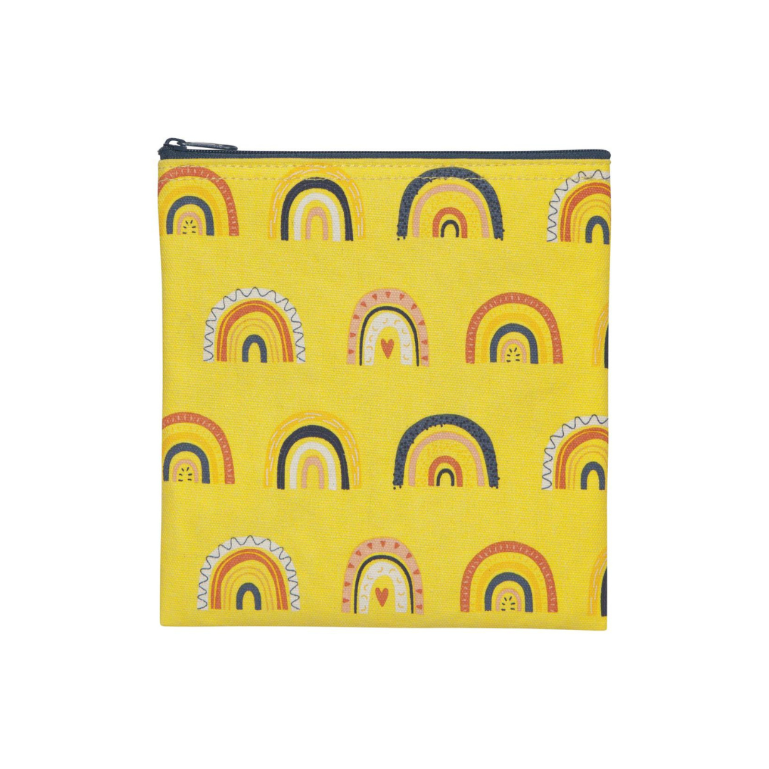 set of two yellow snack bags featuring a fun rainbow print