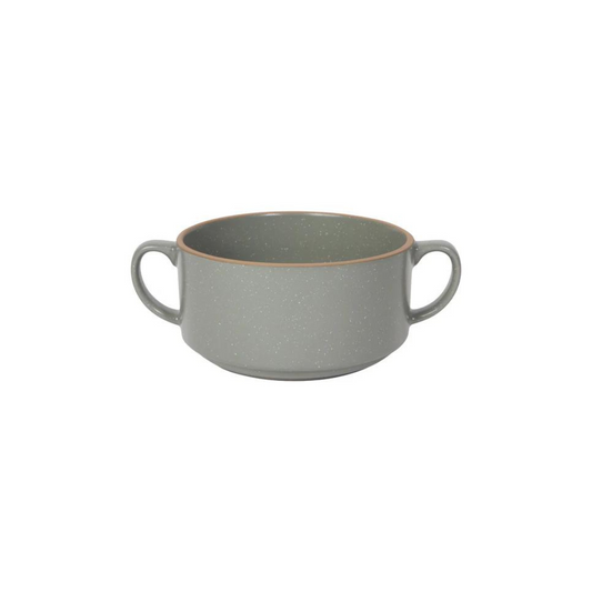 Soup Bowl in London Gray! This sleek, muted gray bowl features handy side handles that keep your hands cool