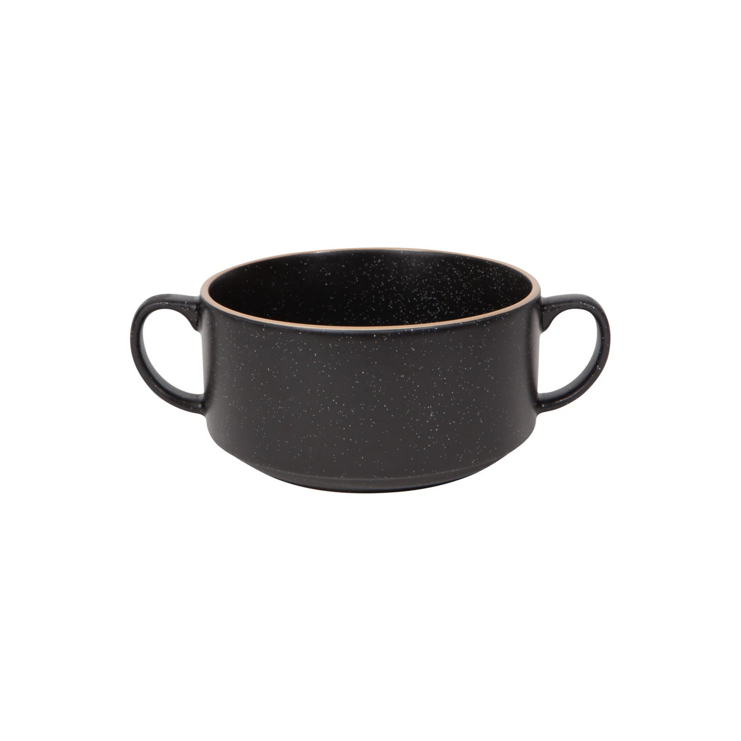 Black ceramic bowl with handles on a white background