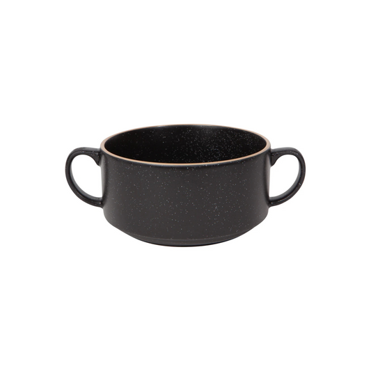 Black ceramic bowl with handles on a white background