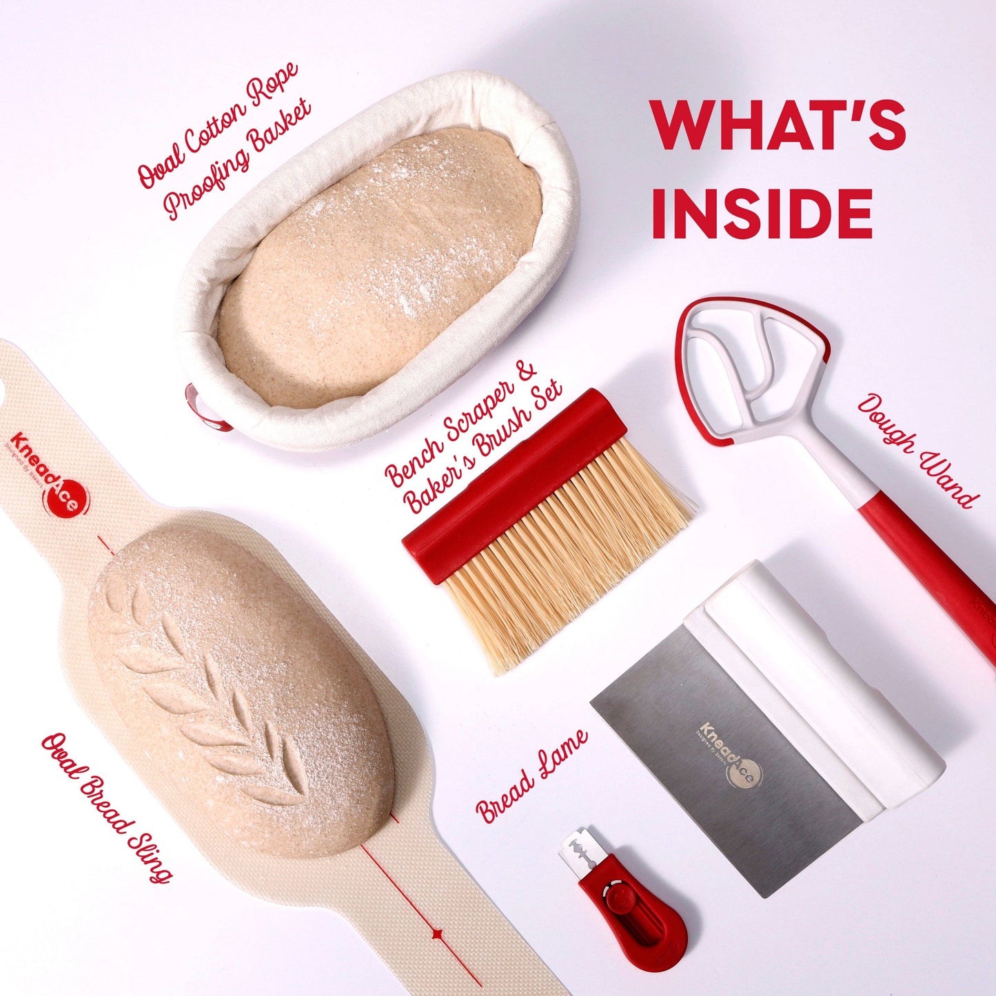 Collection of bread-making tools with text labels on a white background
