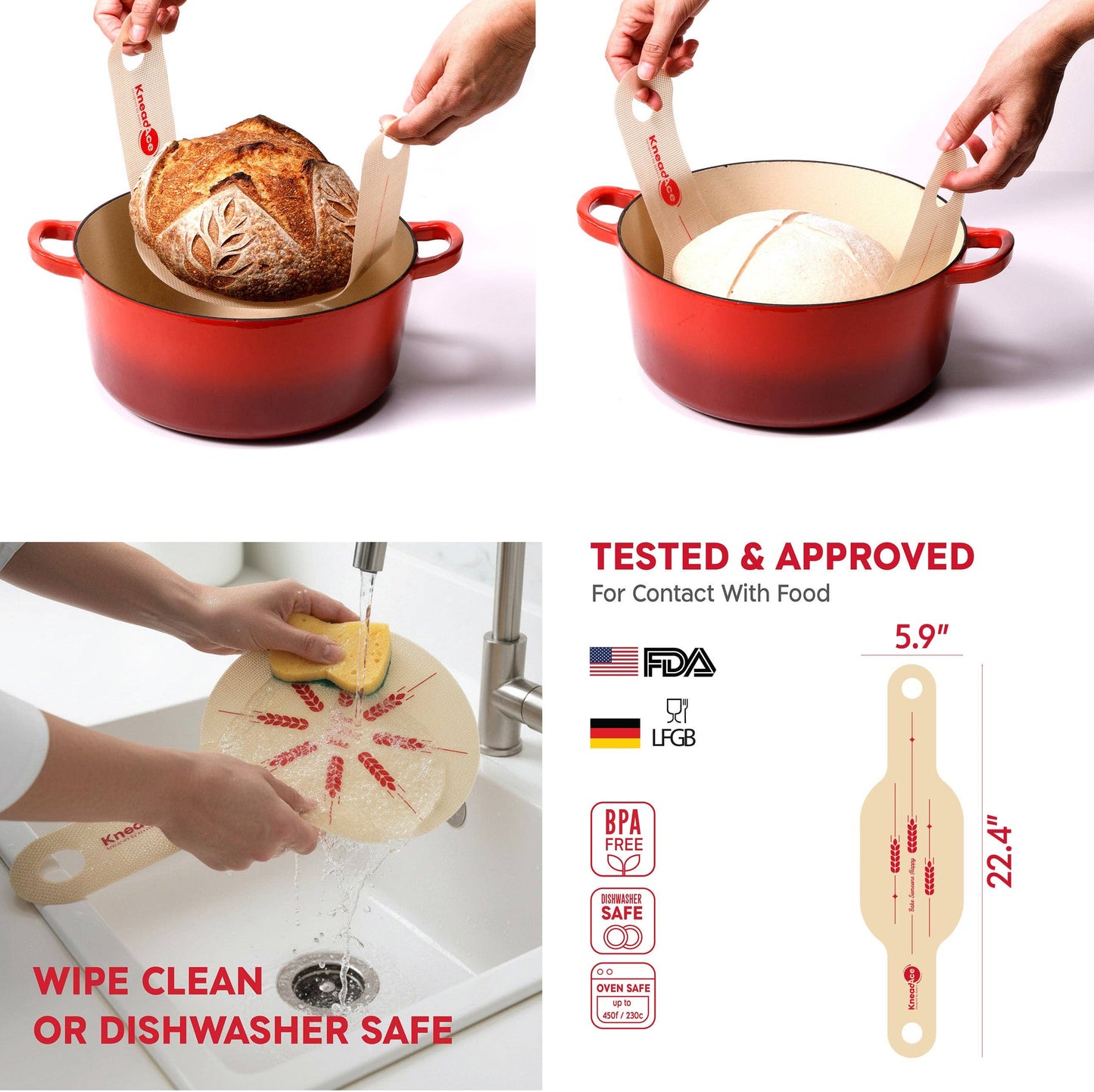 Red pot with silicone baking sheet, hands using it, and cleaning instructions on a white background.
