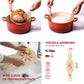 Red pot with silicone baking sheet, hands using it, and cleaning instructions on a white background.