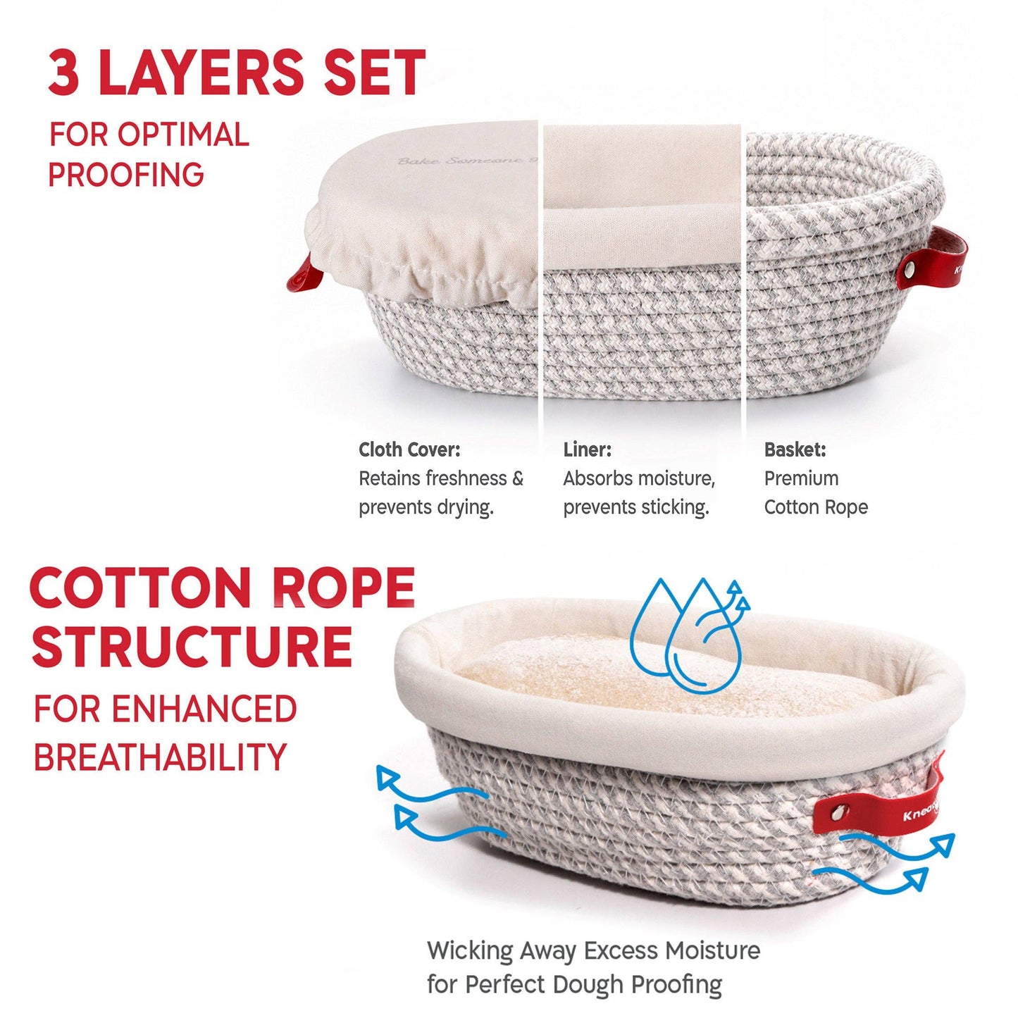 Cotton rope bread proofing basket with three layers and features highlighted on a white background.