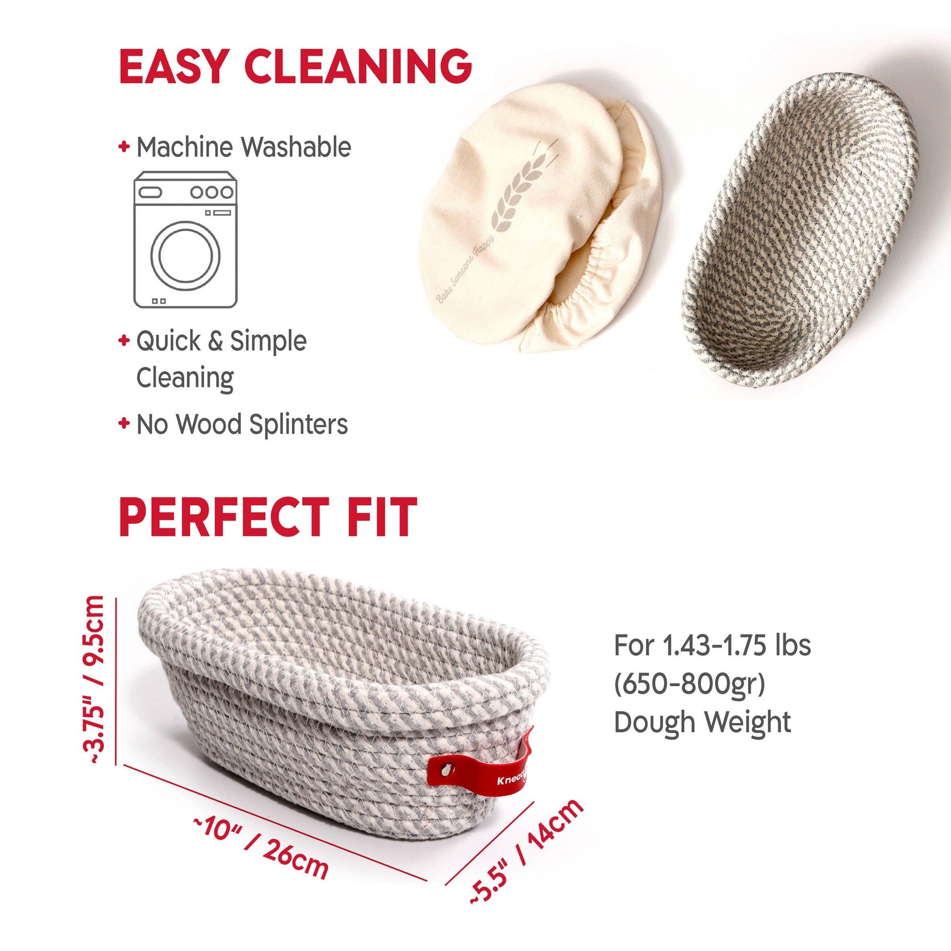Bread proofing basket with washing instructions and dimensions on a white background