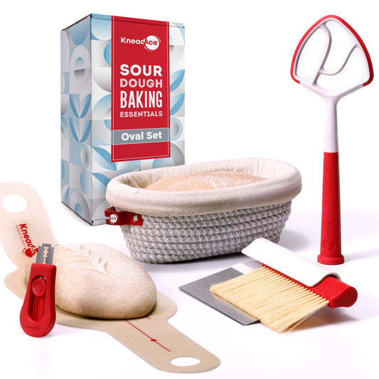 Sour dough baking essentials set with tools and a box on a white background