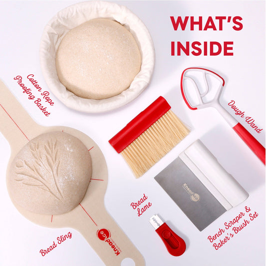 Baking tools including a dough basket, brush, scraper, and more on a white background with text indicating what's inside.