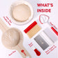 Baking tools including a dough basket, brush, scraper, and more on a white background with text indicating what's inside.