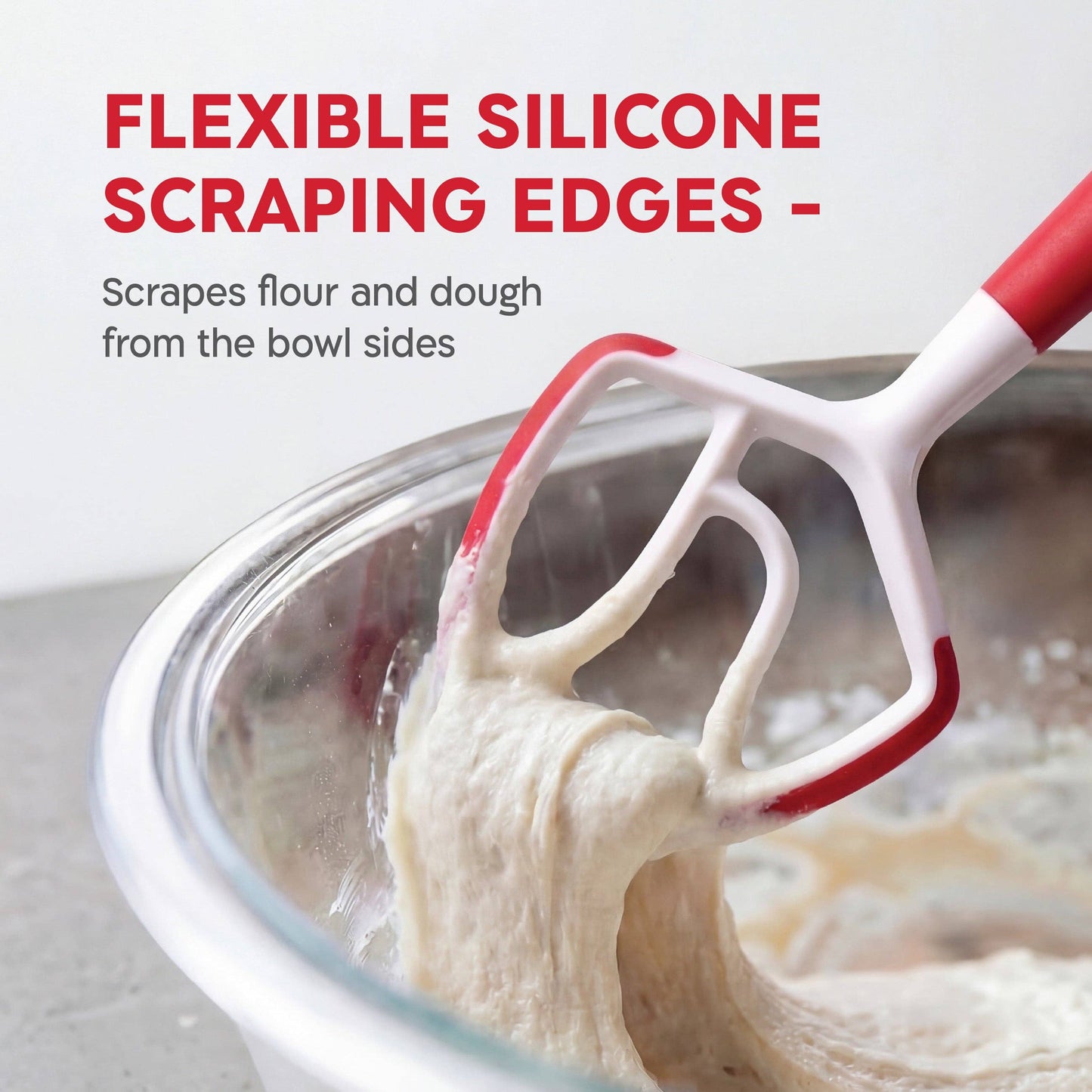 Kitchen tool with red and white handle scraping flour from a bowl, text highlighting flexible silicone edges.