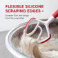 Kitchen tool with red and white handle scraping flour from a bowl, text highlighting flexible silicone edges.