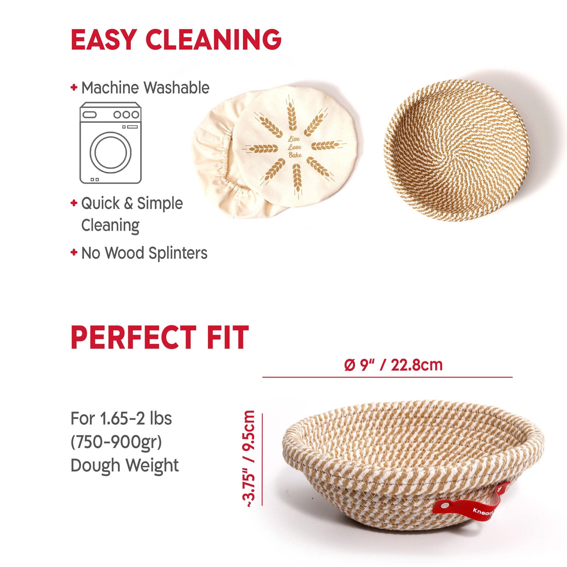 Woven bread basket with washing instructions and dimensions on a white background
