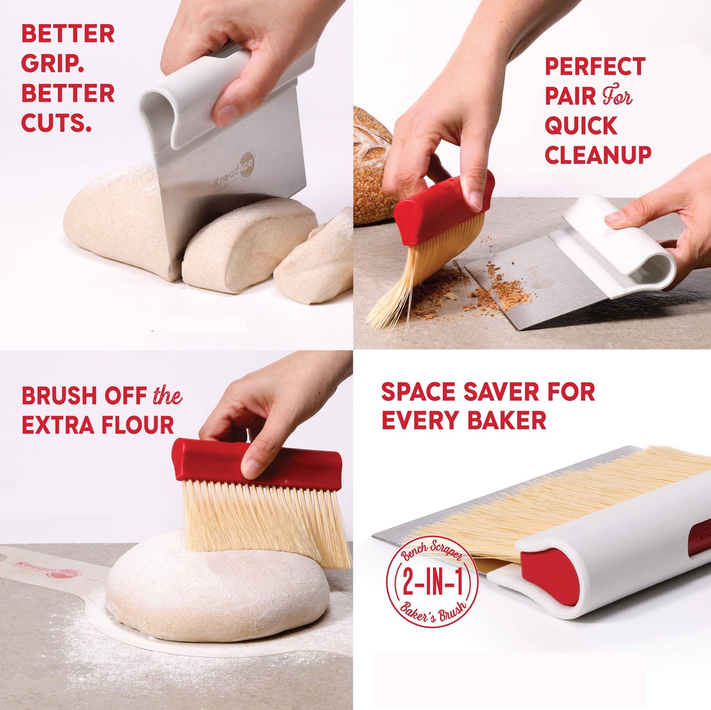 Baking tool set with brush and scraper for better grip, cuts, flour removal, and quick cleanup.