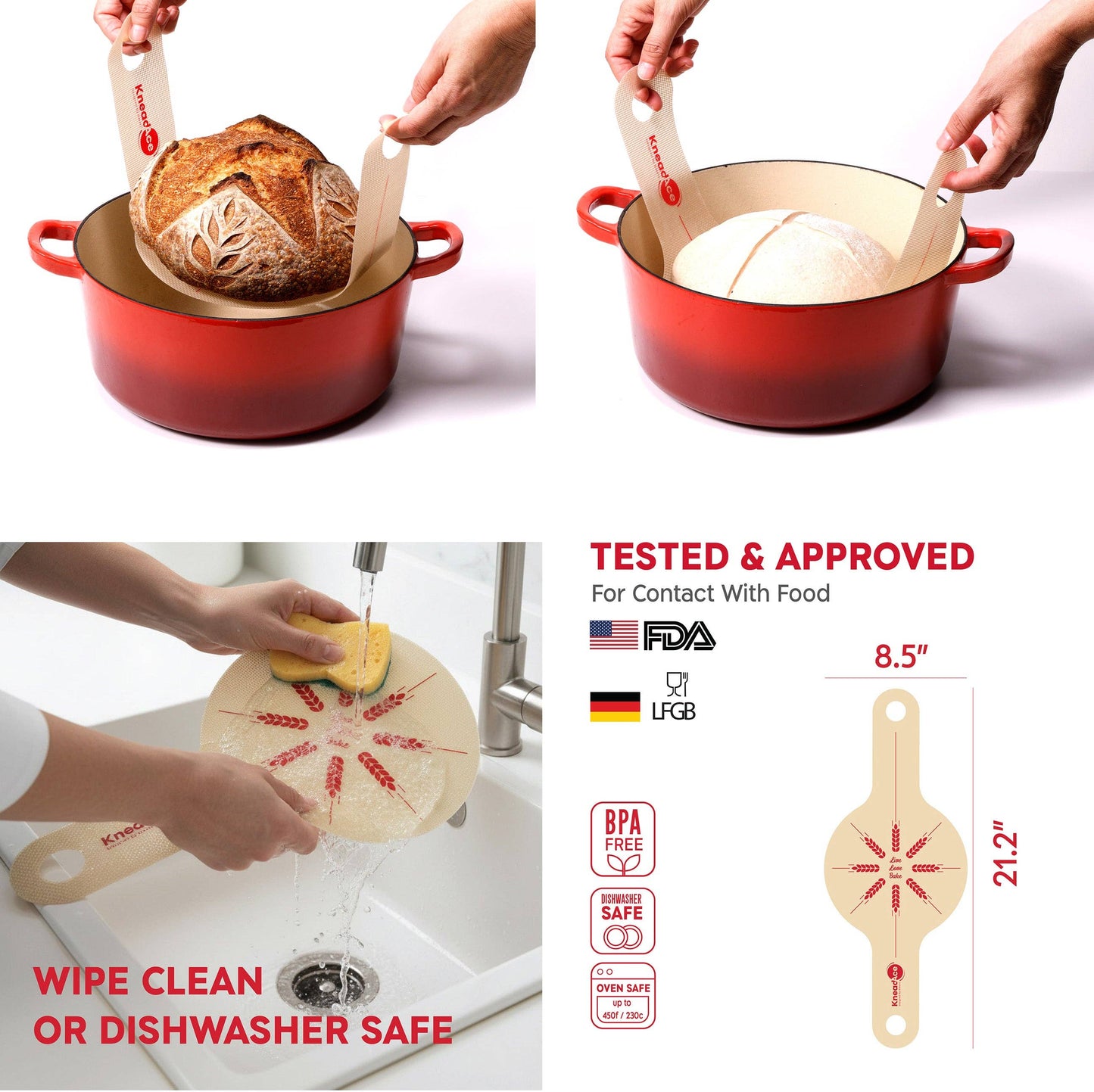 Red pot with a round silicone mat, hands using the mat to cook bread and measure flour, and the mat being washed in a sink.