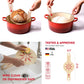Red pot with a round silicone mat, hands using the mat to cook bread and measure flour, and the mat being washed in a sink.