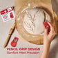 Person using a red bread lame on dough with a branded packaging in the corner.