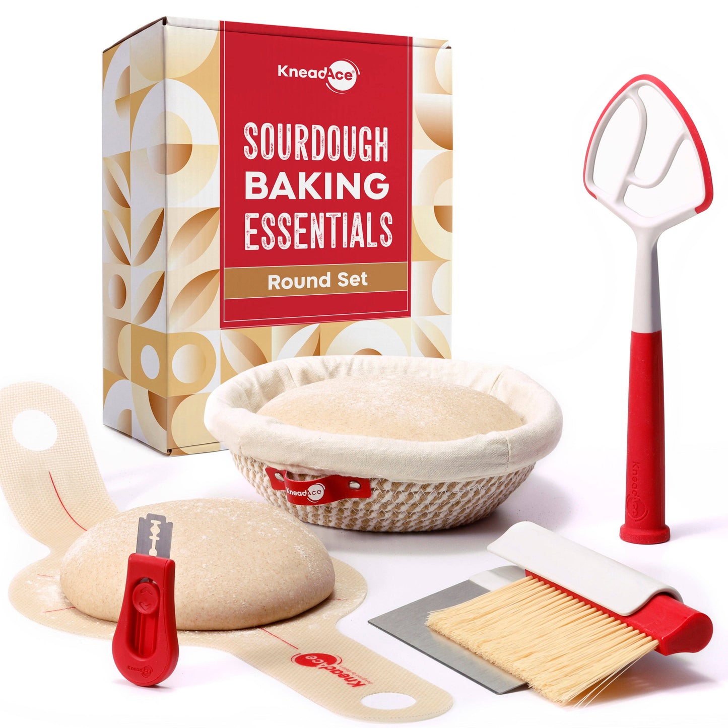 KneadAce sourdough baking essentials round set with tools and a box on a white background
