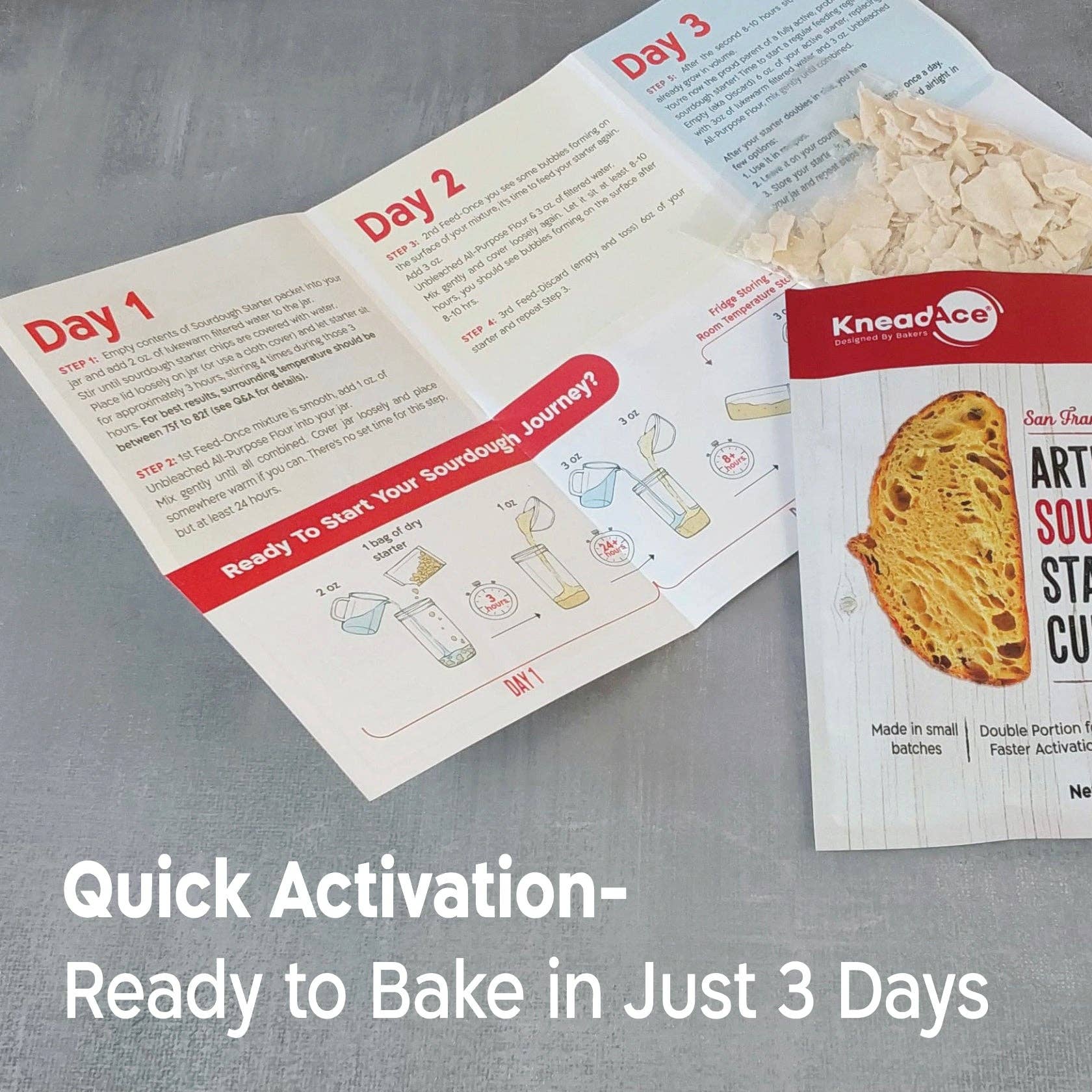 Knead Ace product packaging with a baking instruction sheet on a gray surface