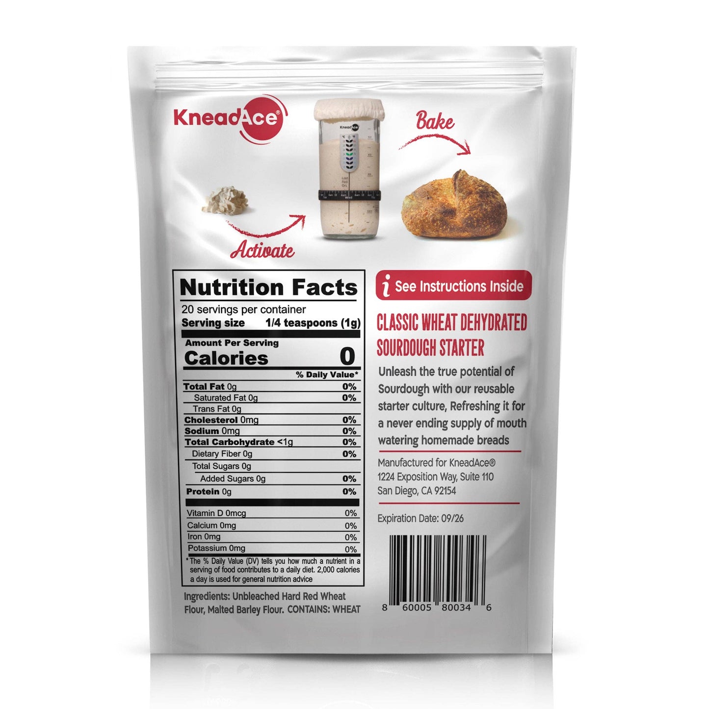 Knead Ace sourdough starter package with nutrition facts label on a white background