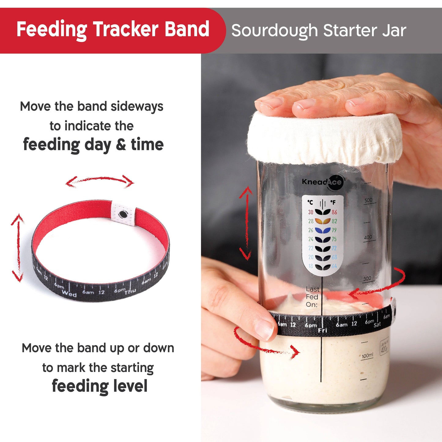 Feeding tracker band for sourdough starter jar with instructions on use