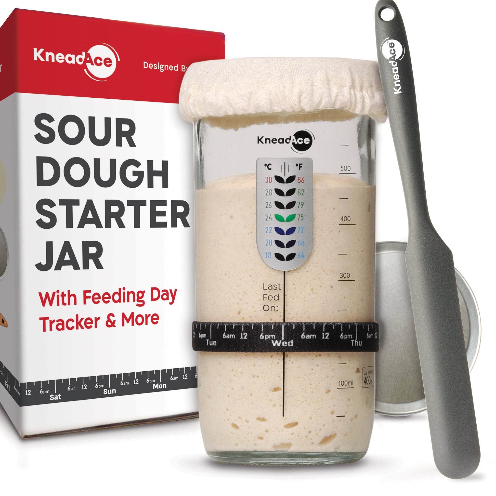 KneadAce sour dough starter jar with feeding day tracker and packaging on a white background