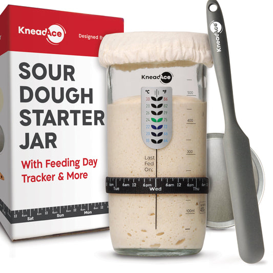 KneadAce sour dough starter jar with feeding day tracker and packaging on a white background