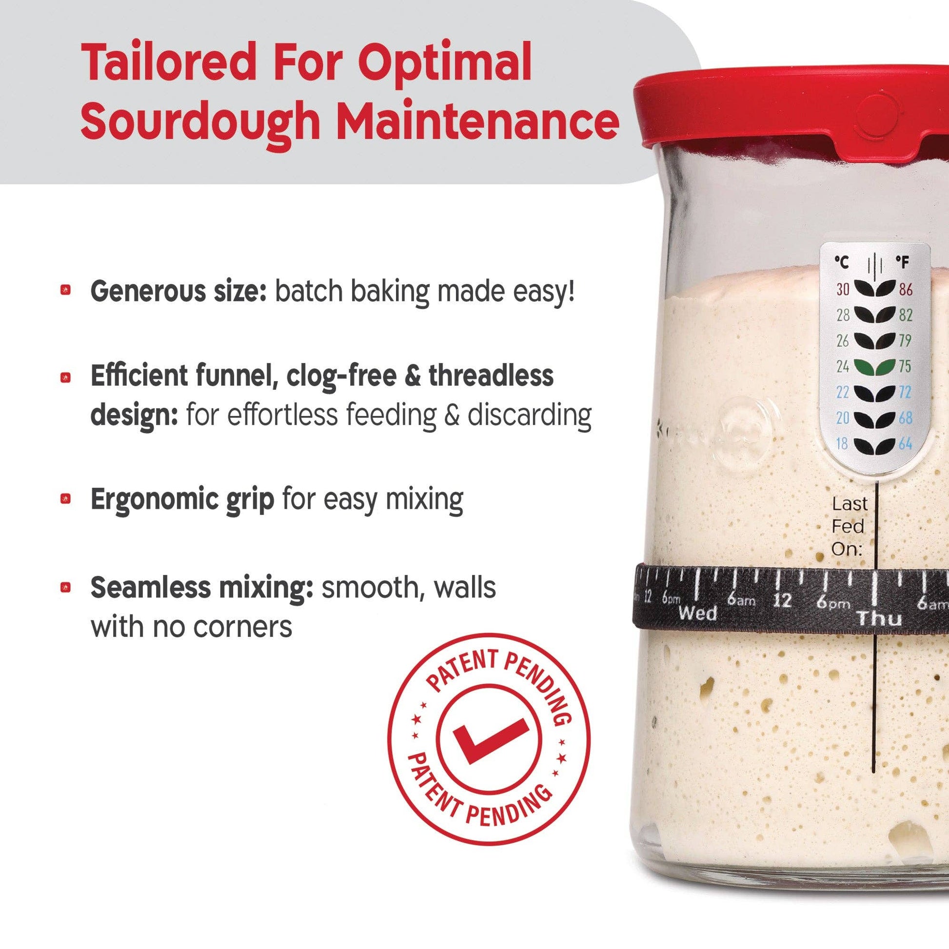 Sourdough starter container with features listed on a white background