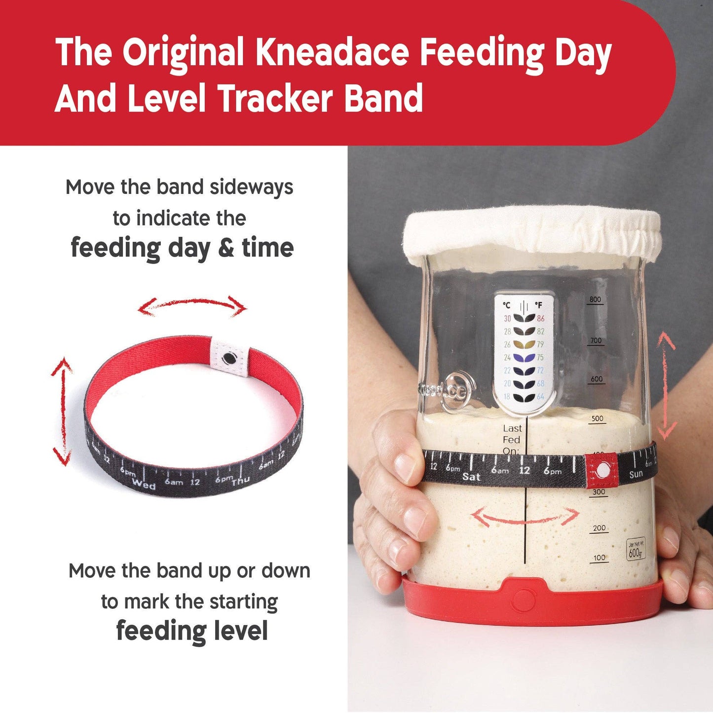 Kneadace feeding day and level tracker band with instructions on how to use it.