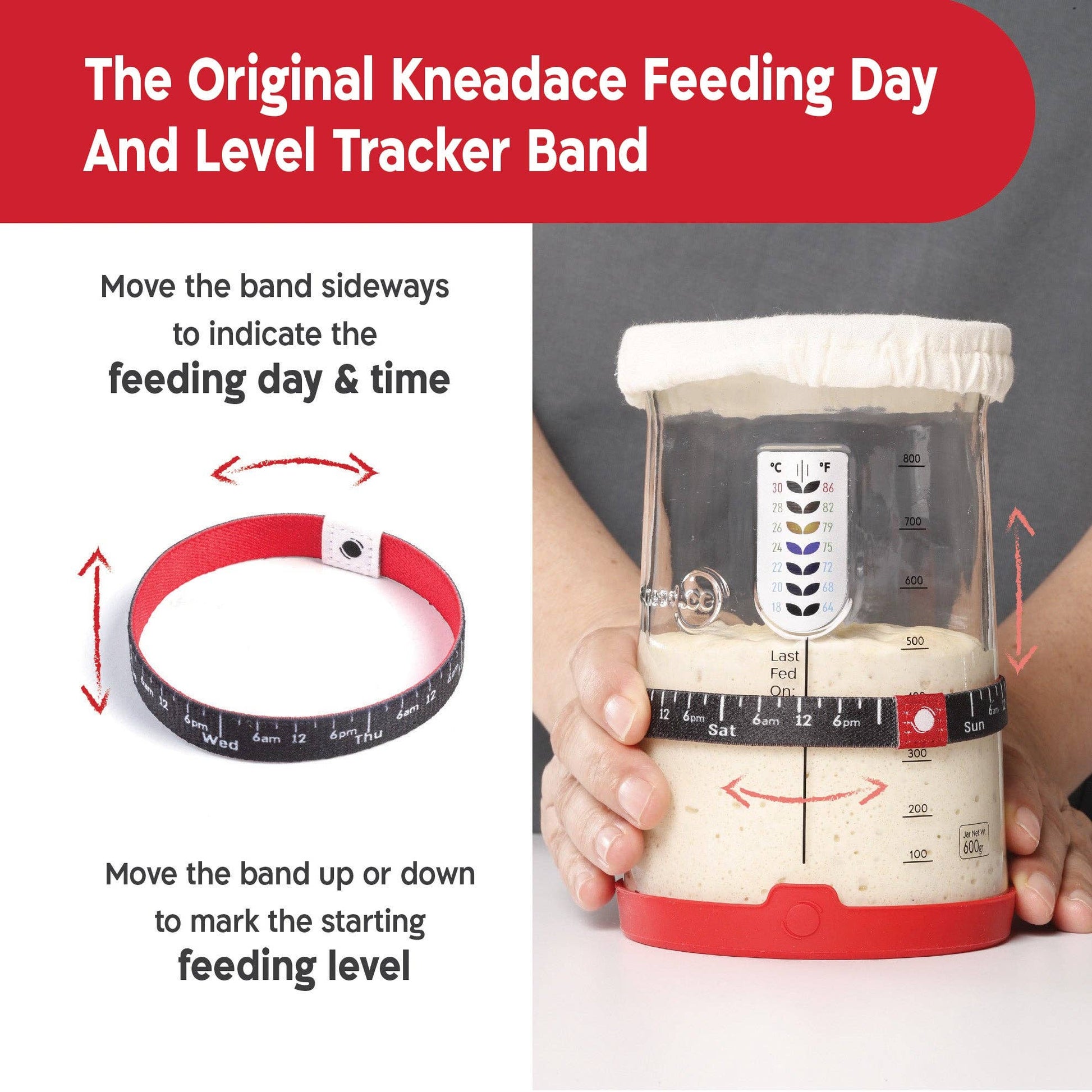 Kneadace feeding day and level tracker band with instructions on how to use it.