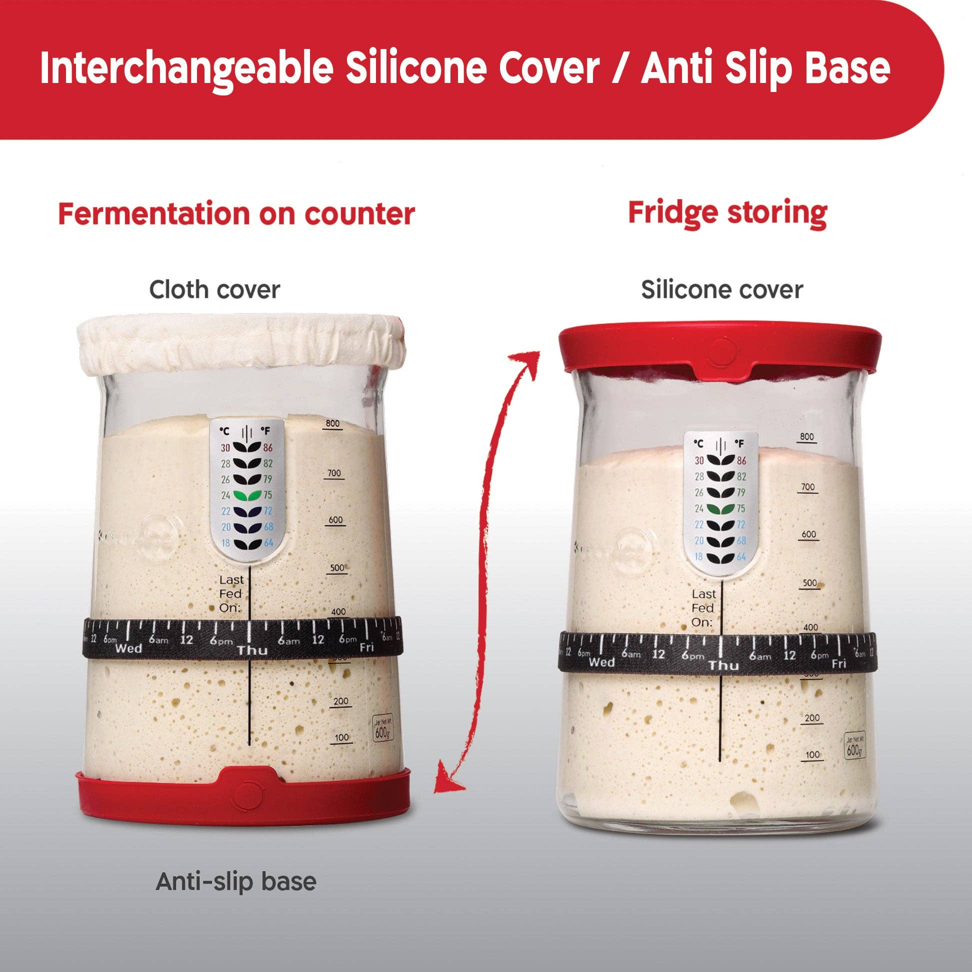 Bread dough in a container with interchangeable silicone cover and anti-slip base on a gray background.