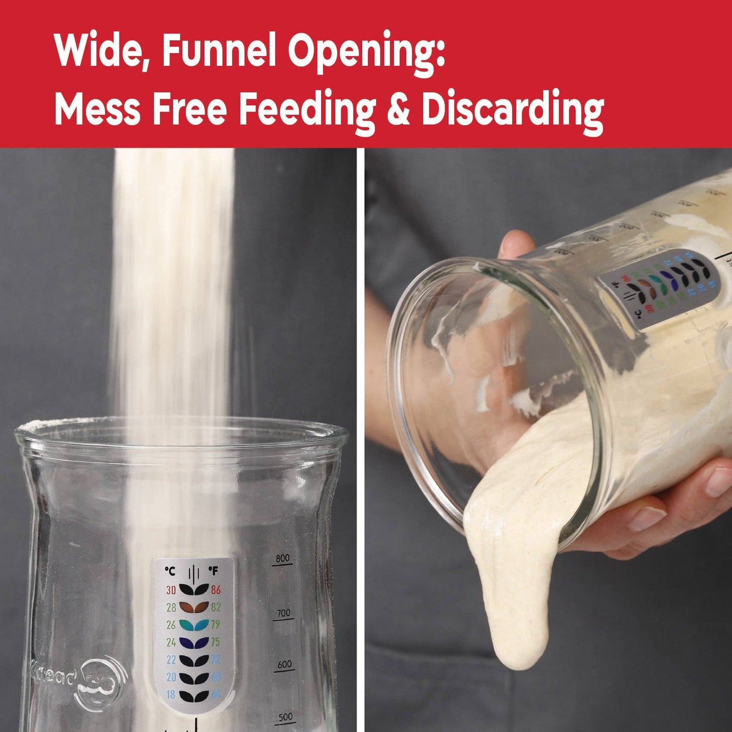 Glass container with wide funnel opening for mess-free feeding and discarding, shown with a person pouring liquid.