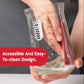 Person holding a beaker with a cleaning solution, text 'Accessible And Easy-To-Clean Design' on a red background.