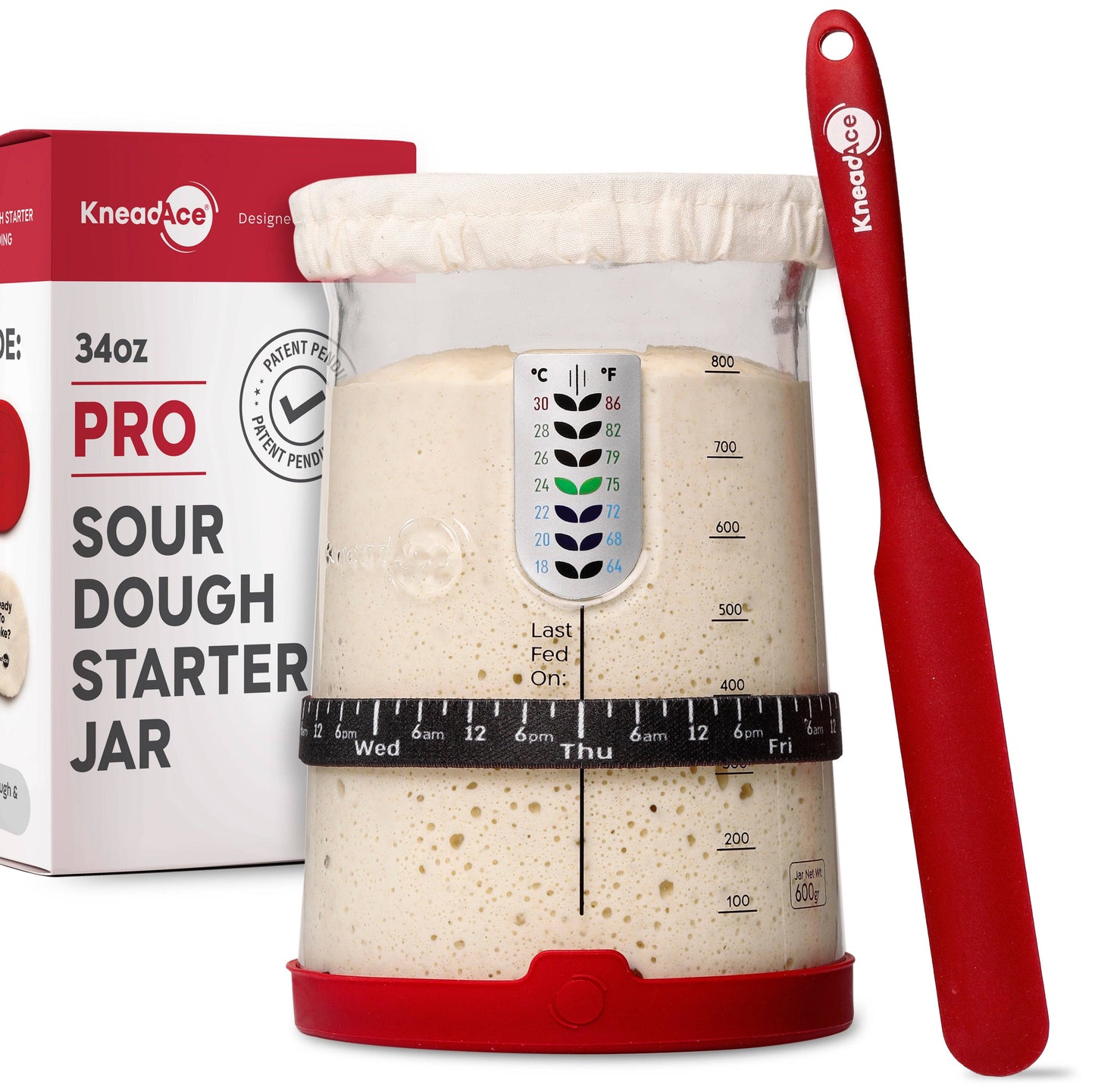 KneadAce sour dough starter jar with a red spatula and packaging on a white background