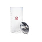 Clear Sourdough Storage Crock with a red logo and metal lid on a white background