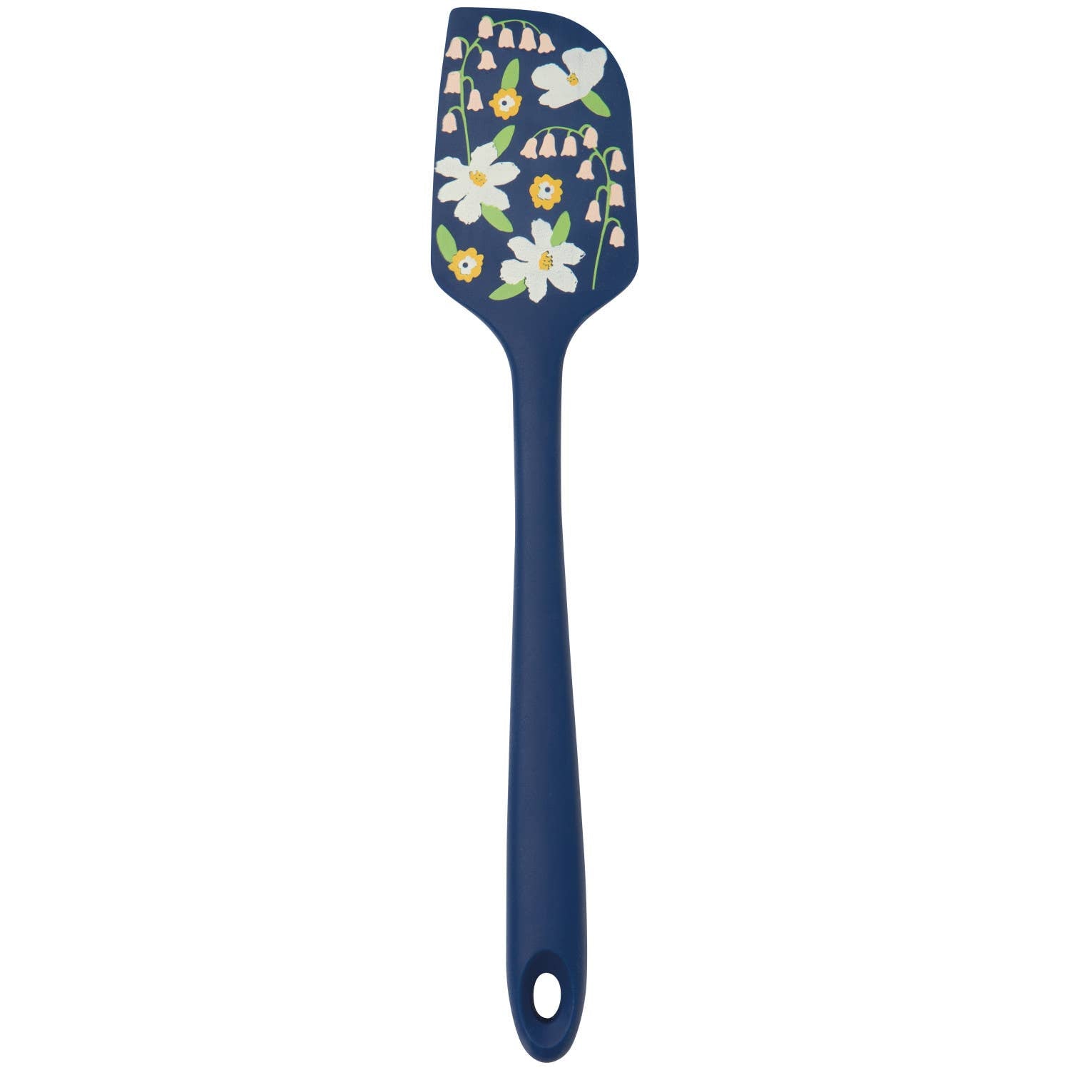 Blue spatula with floral design on a white background