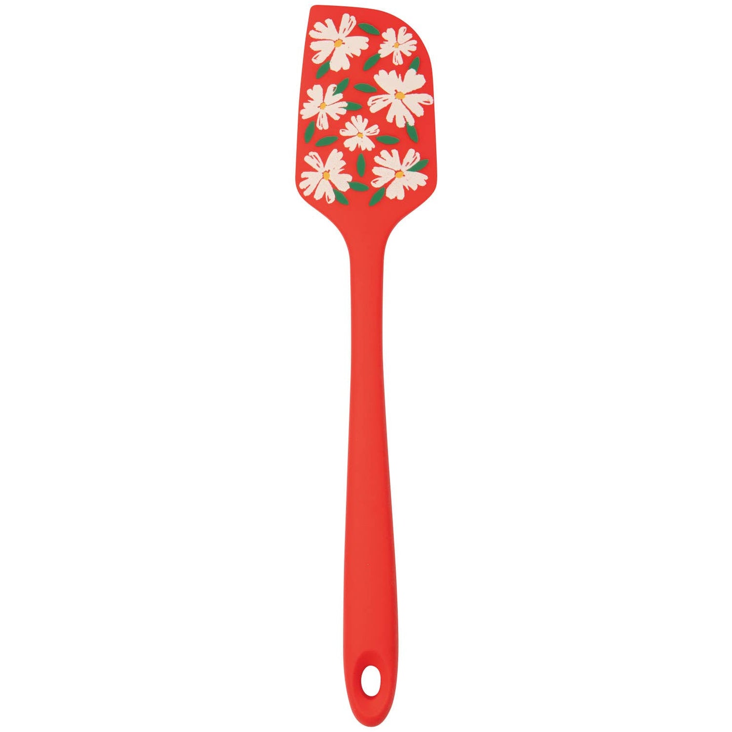 Red spatula with floral pattern on a white background